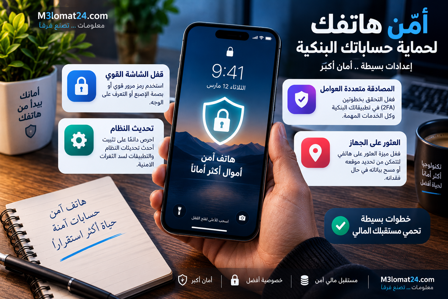 تأمين الهاتف لحماية الحسابات البنكية باستخدام قفل الشاشة وتحديث النظام والمصادقة متعددة العوامل