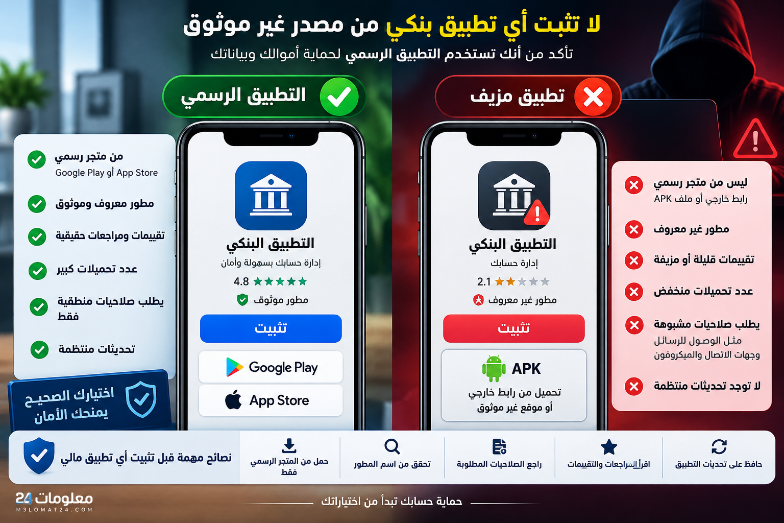 الفرق بين التطبيقات البنكية الرسمية والتطبيقات المزيفة والصلاحيات المشبوهة