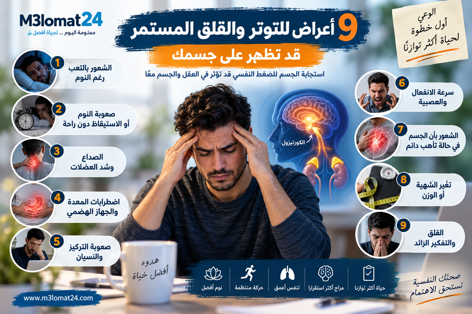 9 أعراض للتوتر والقلق المستمر وتأثير الضغط النفسي على الجسم
