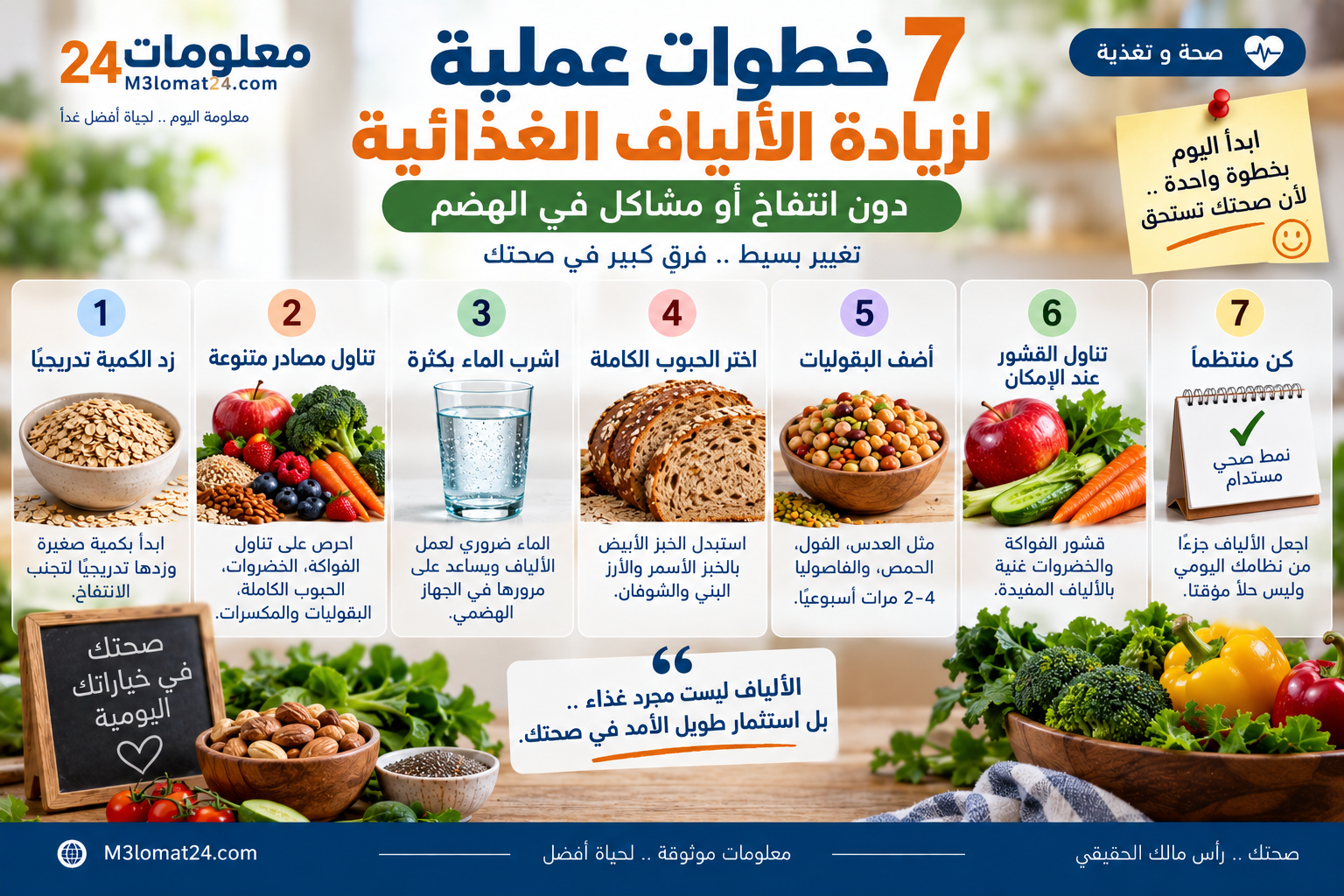 أفضل مصادر الألياف الغذائية من الفواكه والخضروات والحبوب الكاملة والبقوليات والمكسرات والبذور