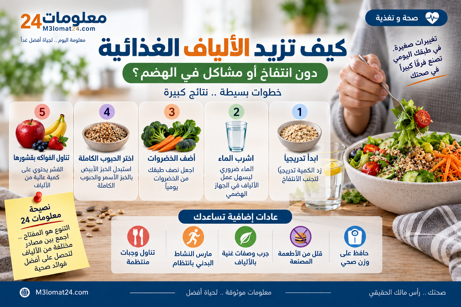 خطوات زيادة الألياف الغذائية تدريجيًا دون انتفاخ