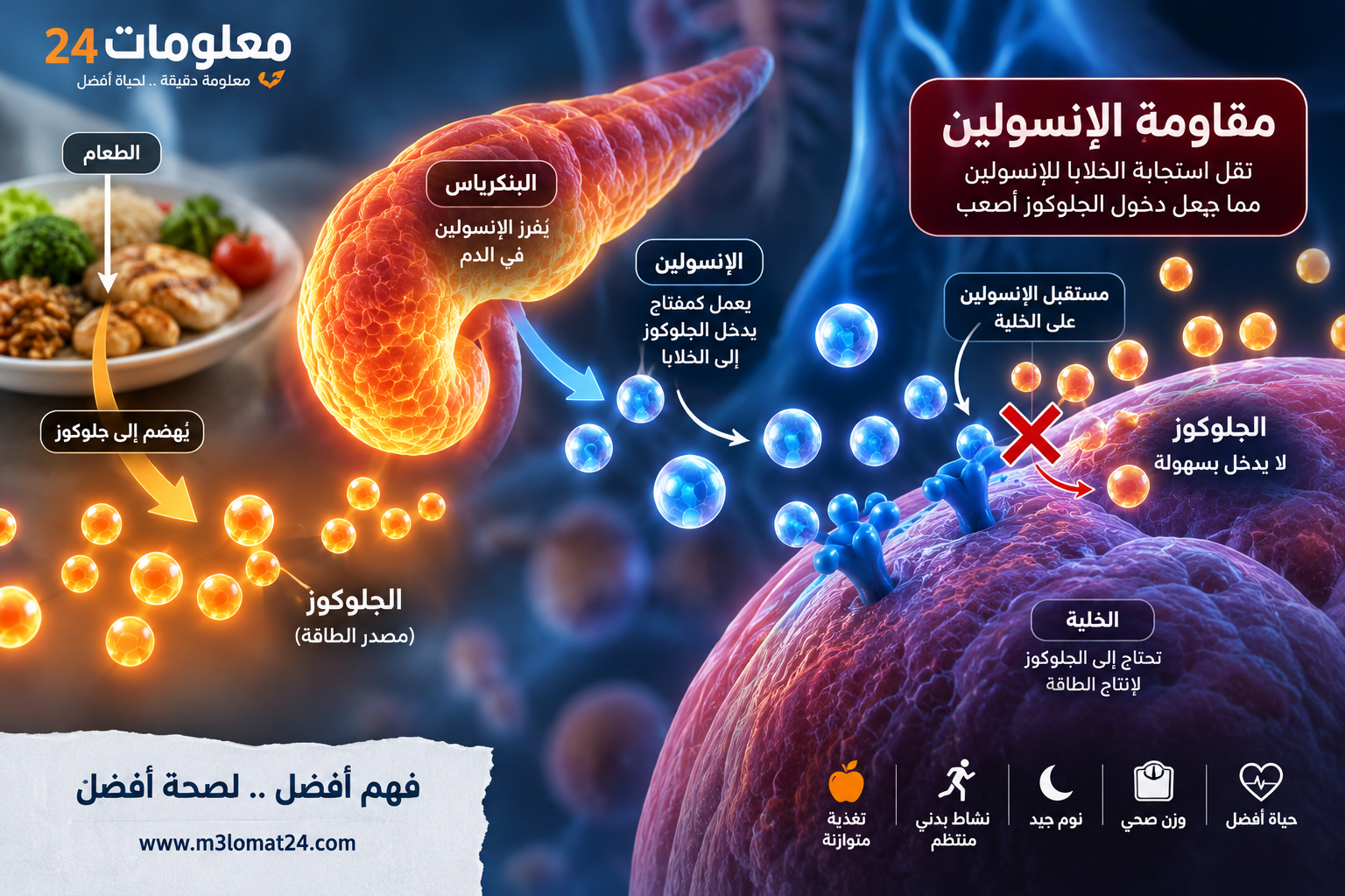 ما هي مقاومة الإنسولين وكيف يؤثر ضعف استجابة الخلايا للإنسولين في دخول الغلوكوز