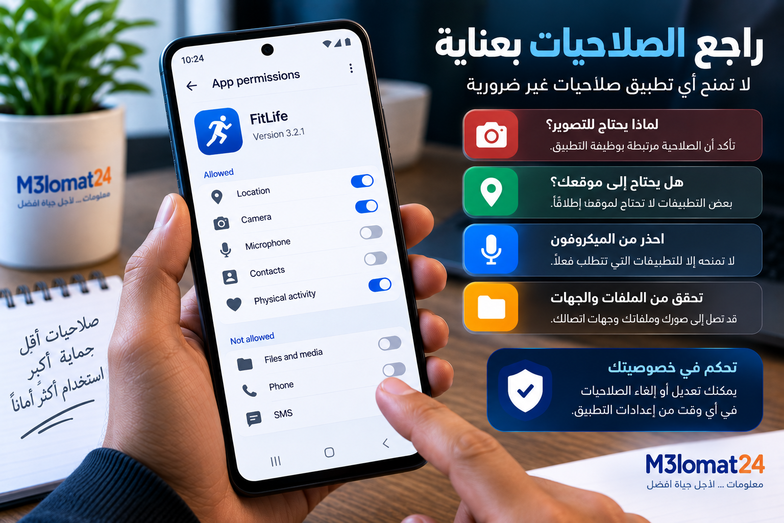 مراجعة صلاحيات تطبيق أندرويد والتحقق من الوصول إلى الموقع والكاميرا والميكروفون والملفات